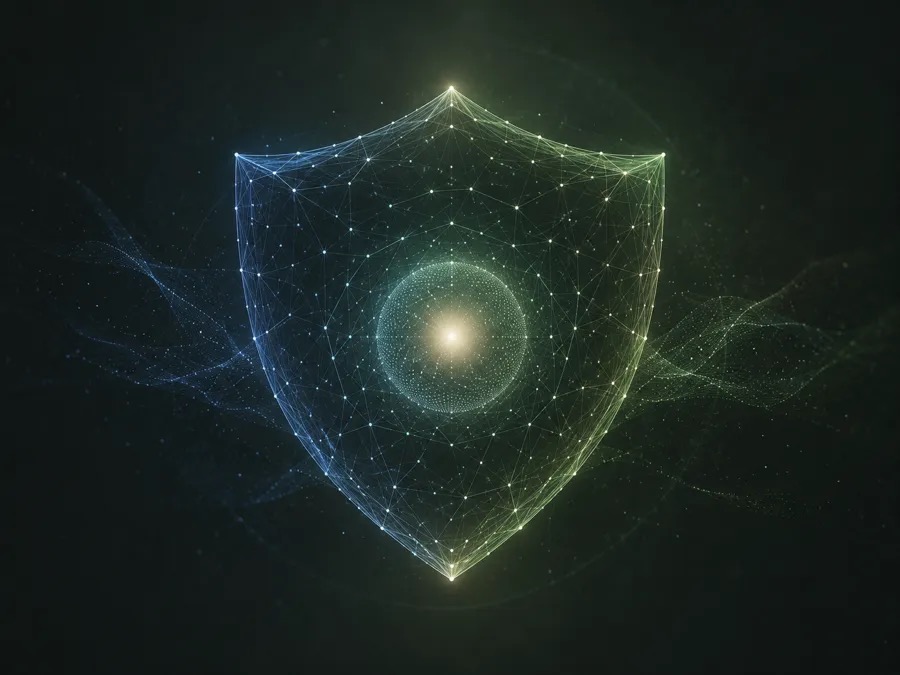 情報を守る盾とネットワークを表したイメージ