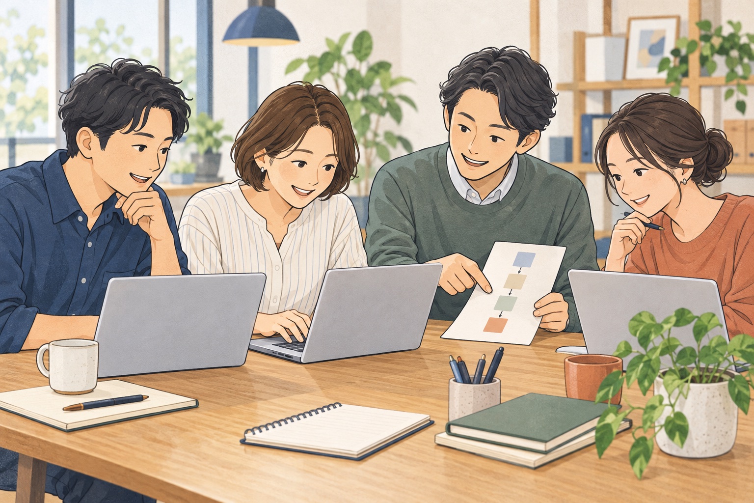 講師と少人数の参加者がパソコン操作を練習するイラスト